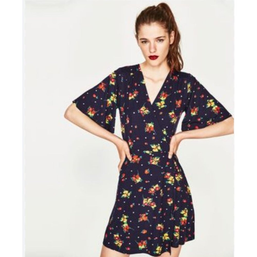 Zara Basic Faux Wrap Crossover Floral Dress with Bell Sleeve, Sz L